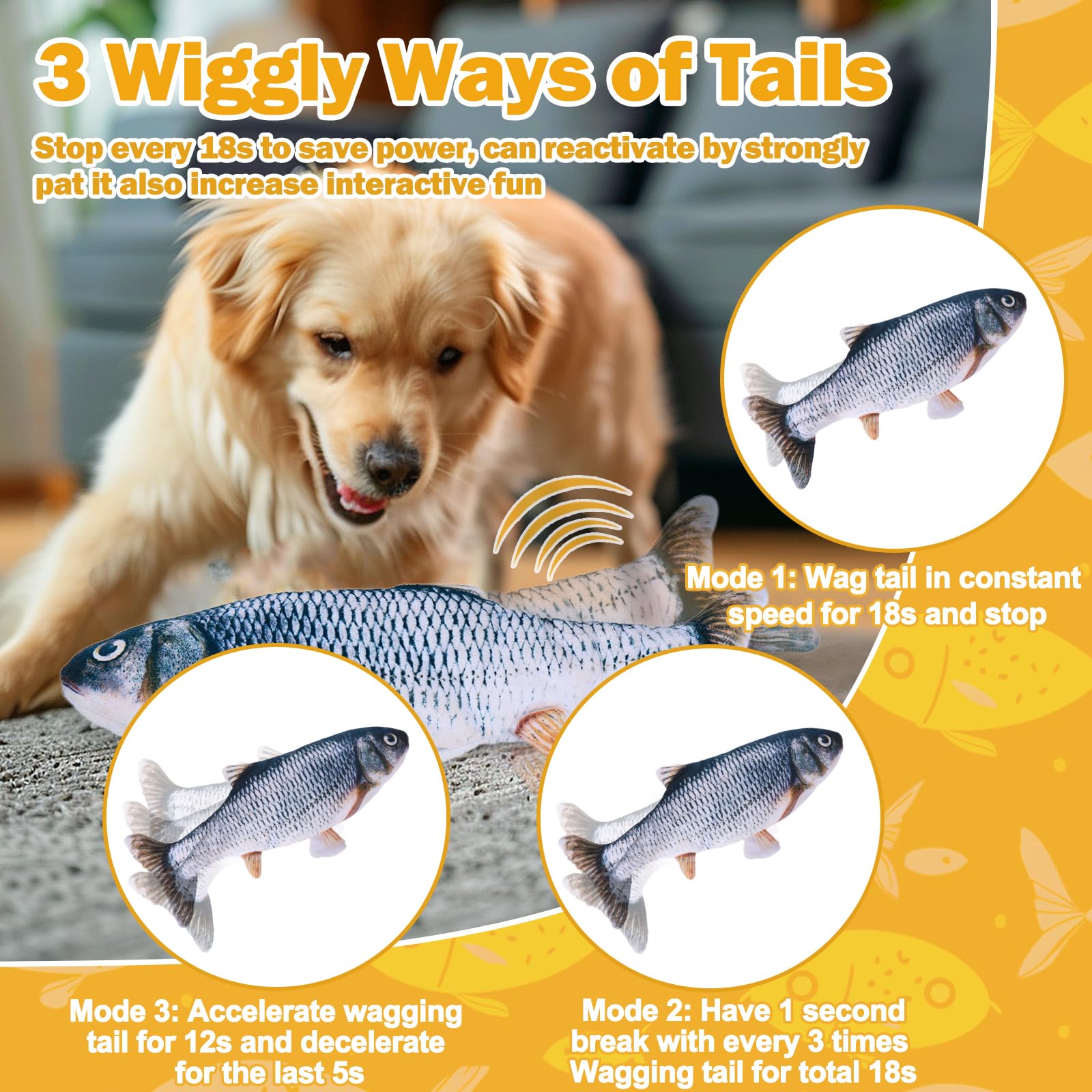 Mity rain interactive dog toy shows three wag modes for varied play.