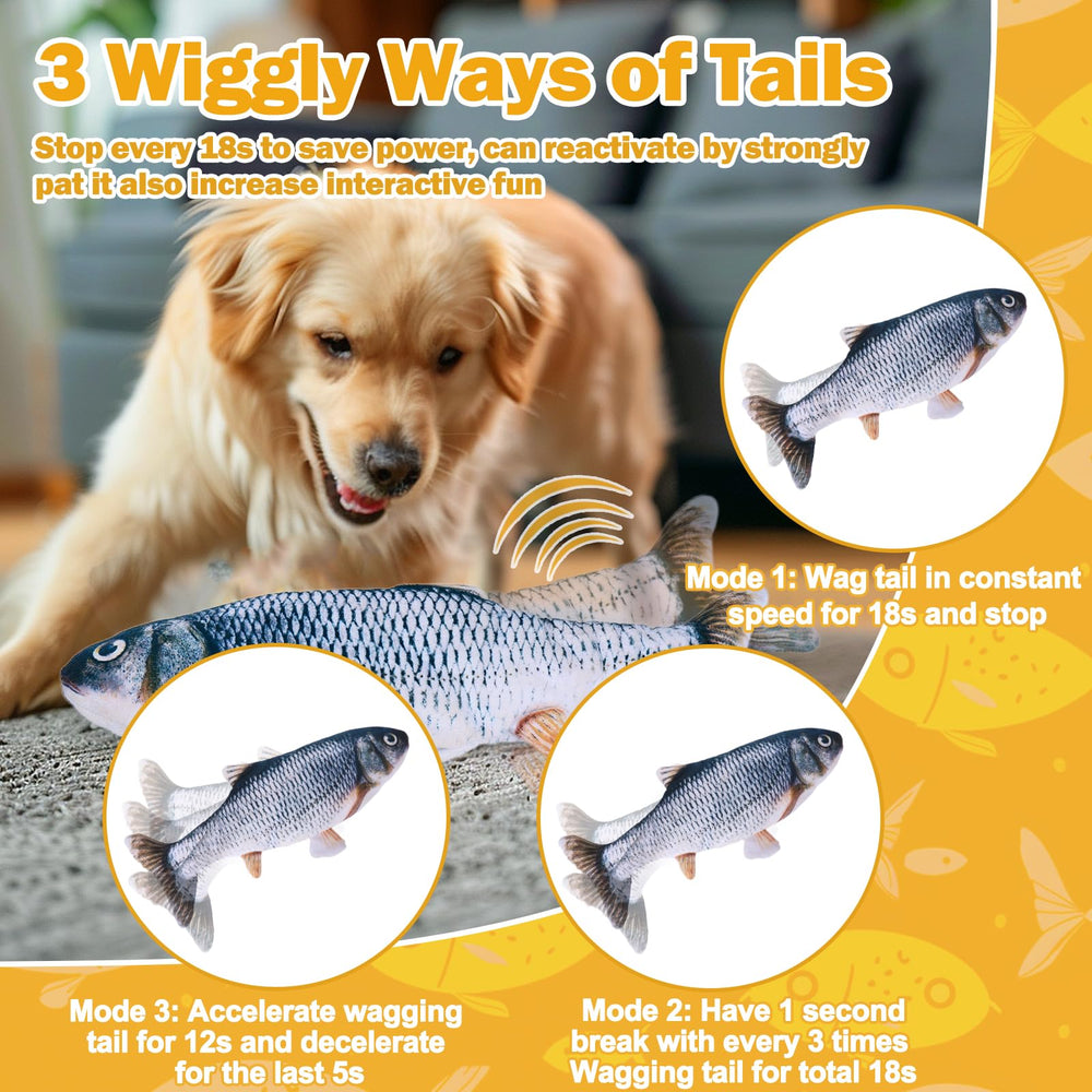 Mity rain interactive dog toy shows three wag modes for varied play.