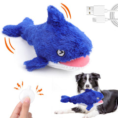 Mity Rain shark dog toy close-up for interactive play and squeak engagement.