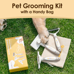 MIU PET slicker brush ergonomic handle in use for gentle grooming.