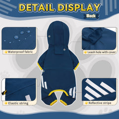 Miucat dog raincoat back view highlights four-leg design and breathability.