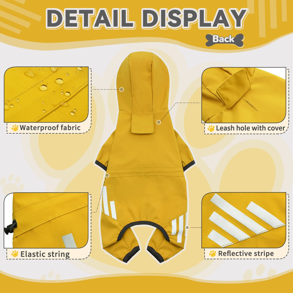 Miucat raincoat features reflective strips for higher visibility in low light.