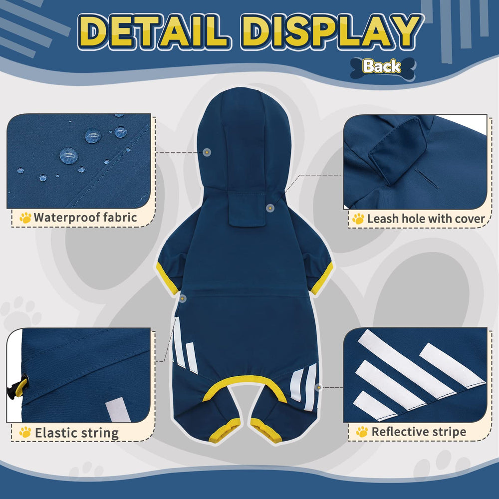 Miucat waterproof blue fabric raincoat keeps your dog dry during showers.
