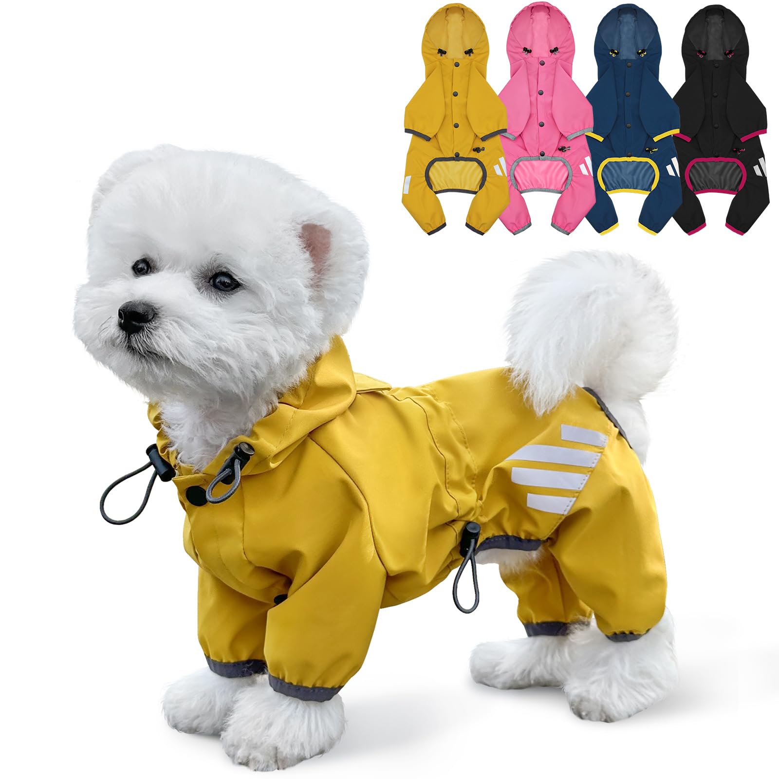 Miucat dog raincoat yellow hood protects your pup from rain and wind during walks.