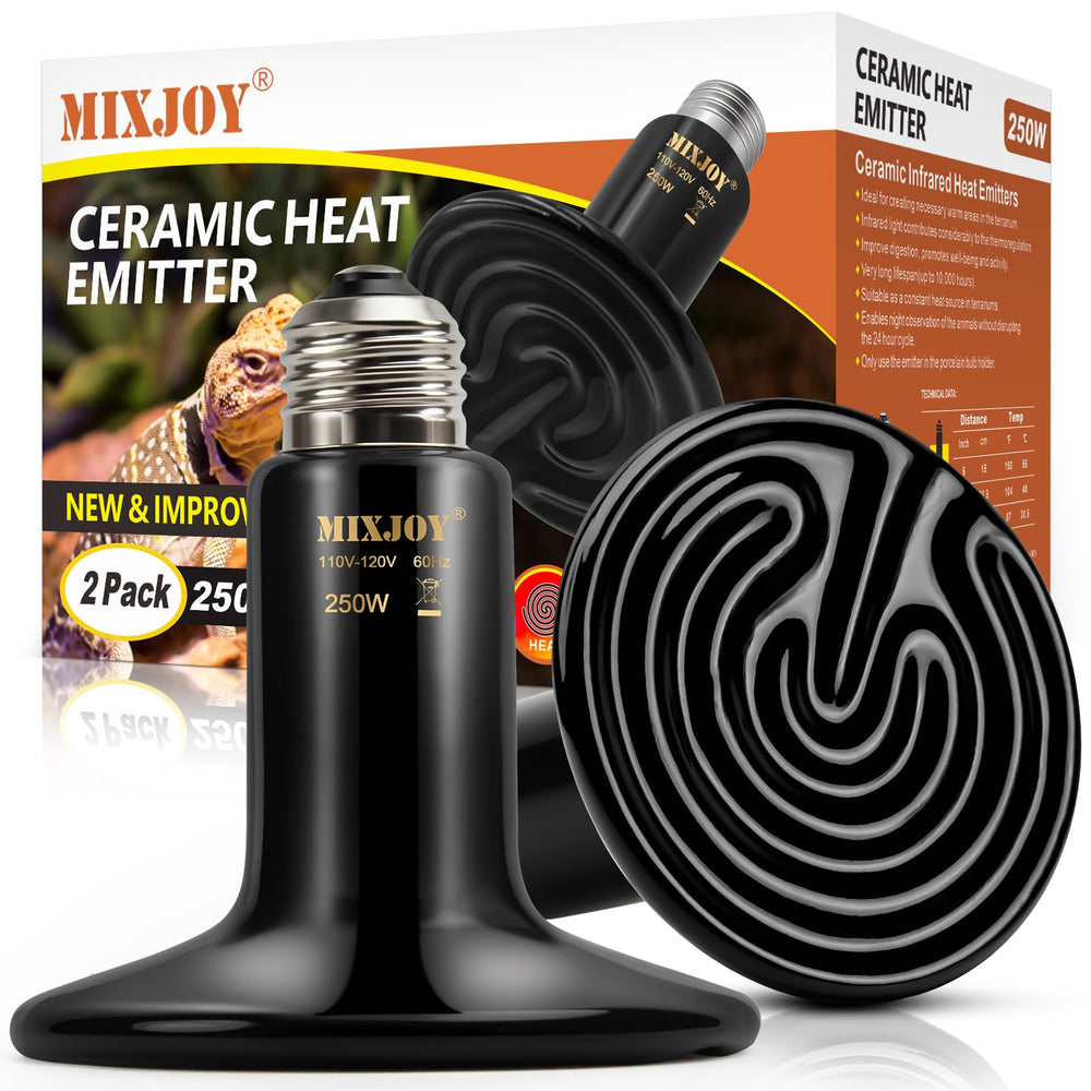 MIXJOY 250W ceramic heat emitter setup demonstrates steady reptile warmth for terrariums.