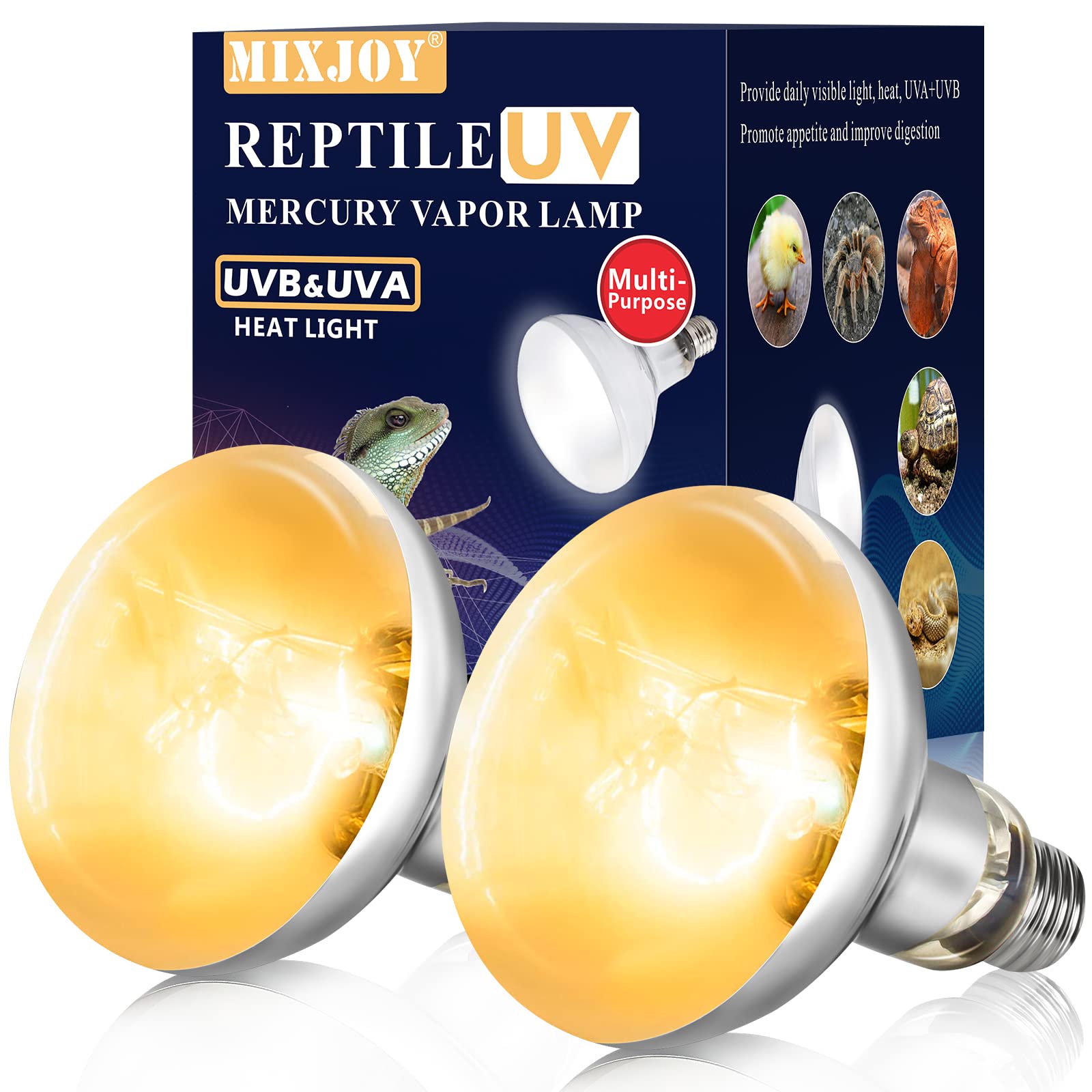 MixJOY 2 Pack 100W reptile heat lamp bulb in use, delivering full-spectrum light.