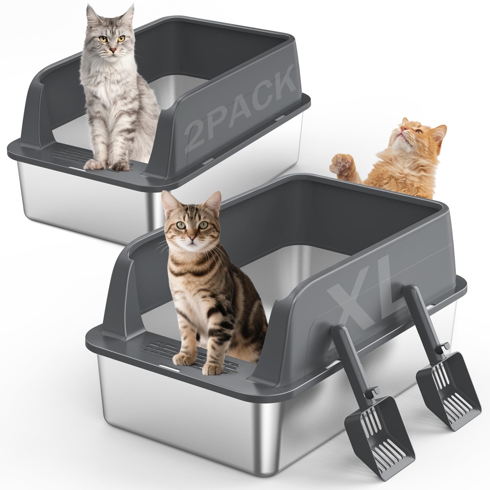 MIXJOY 2-pack stainless steel litter boxes closeup showing durable, easy-to-clean design