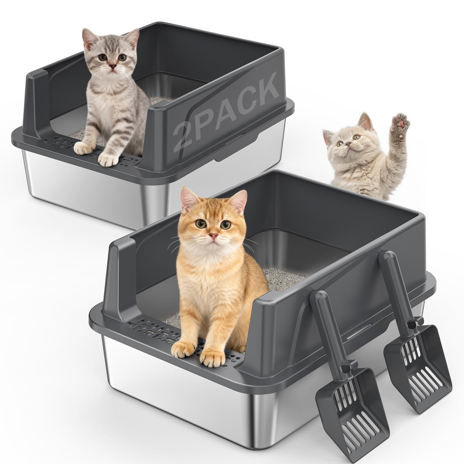 MIXJOY 2Pack M size stainless steel litter box for small cats, privacy and comfort