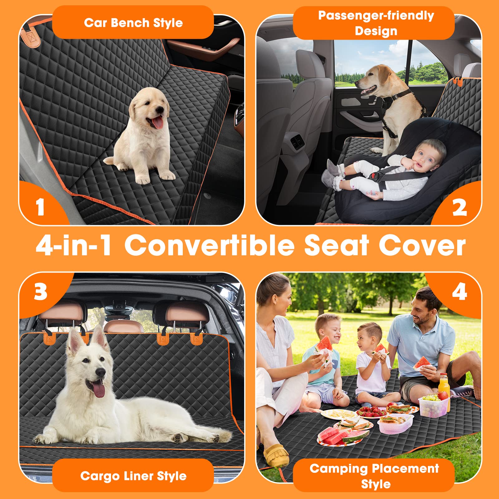 MIXJOY 4-in-1 convertible seat cover adapts to bench, hammock, and cargo modes.