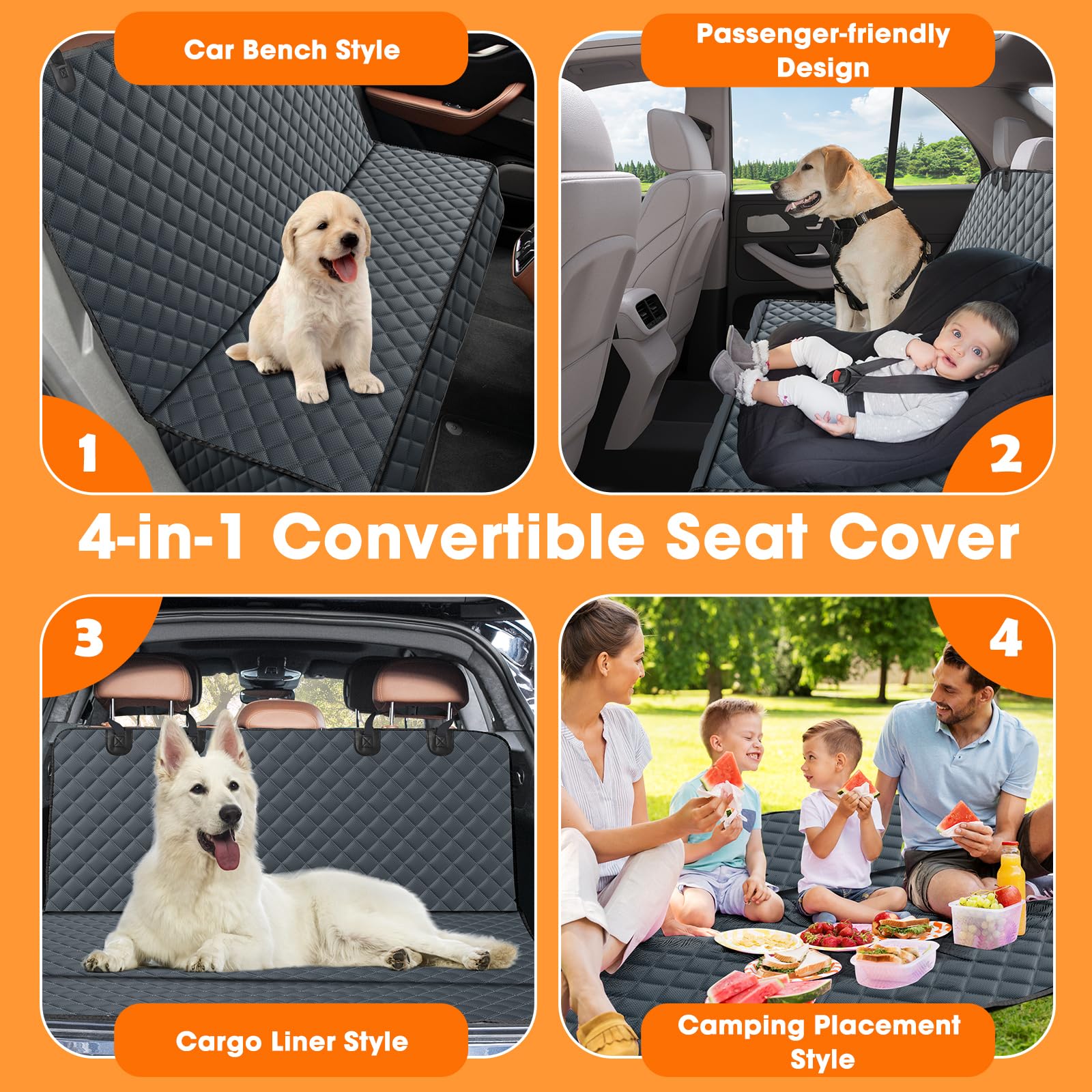 MIXJOY 4-in-1 convertible seat cover adapts to bench, hammock, or cargo modes.