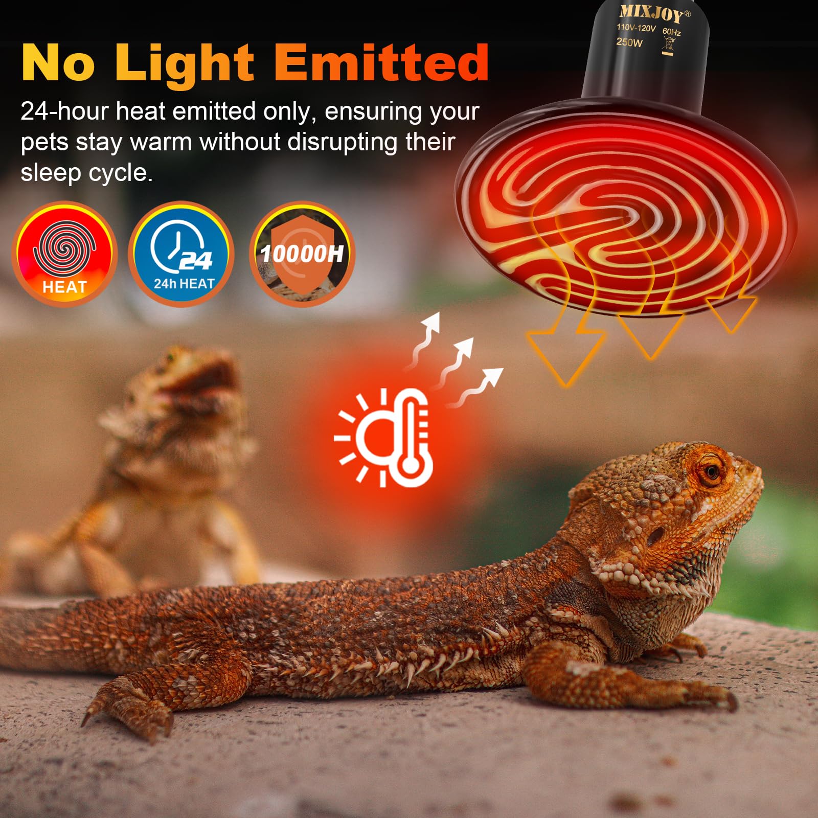 MIXJOY ceramic heat emitter heat output provides quiet, reliable warmth without light disruption overnight.