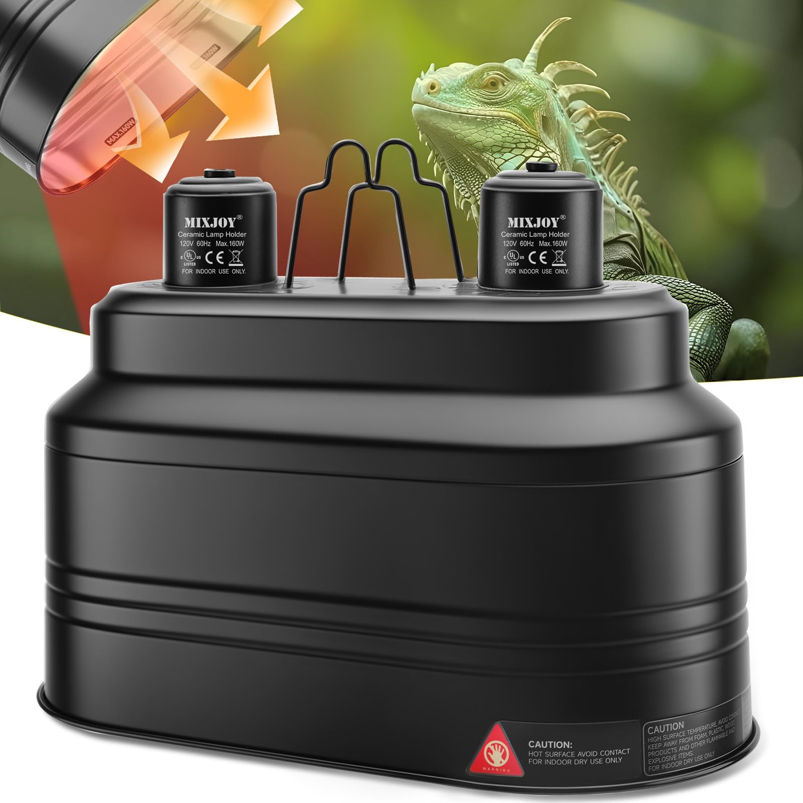 MIXJOY dual reptile light fixture front view with two sockets for heat and UVB