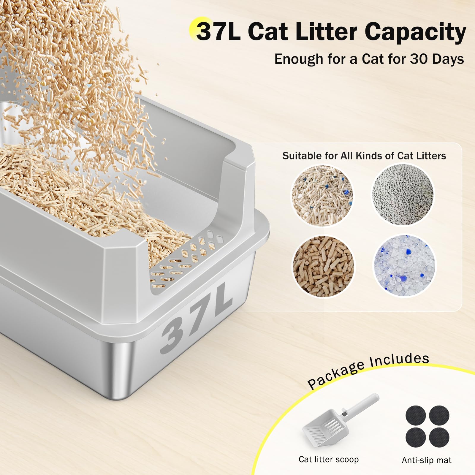 MIXJOY high-sided enclosure reduces litter spill and improves privacy.