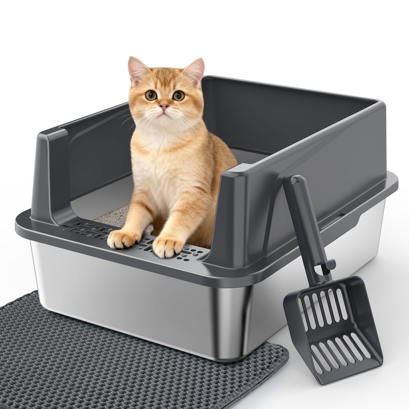 MixJOY stainless steel cat litter box with lid, easy cleanup and privacy.