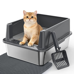 MixJOY stainless steel cat litter box with lid, easy cleanup and privacy.