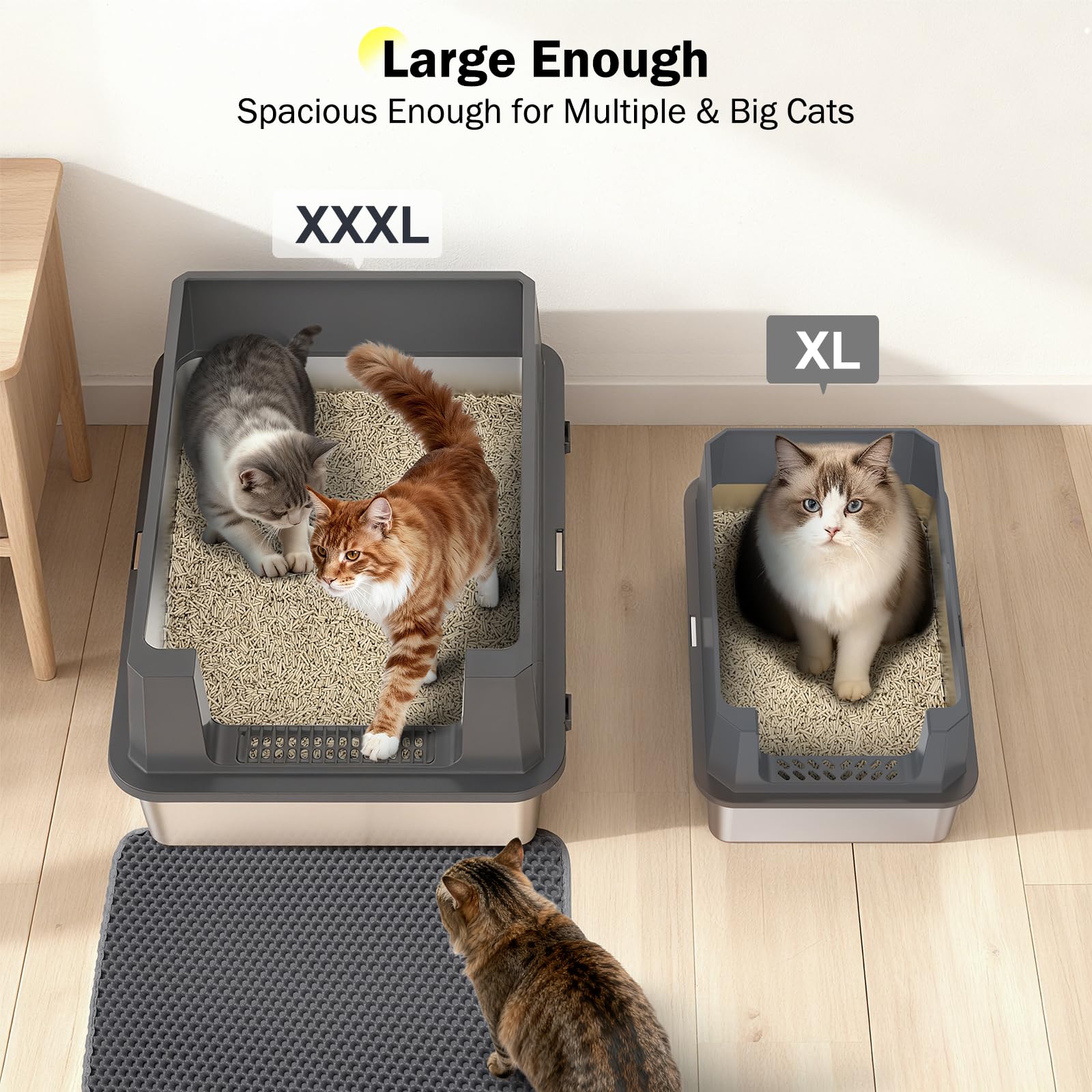 MIXJOY stainless steel litter box lid closeup showing secure privacy design.