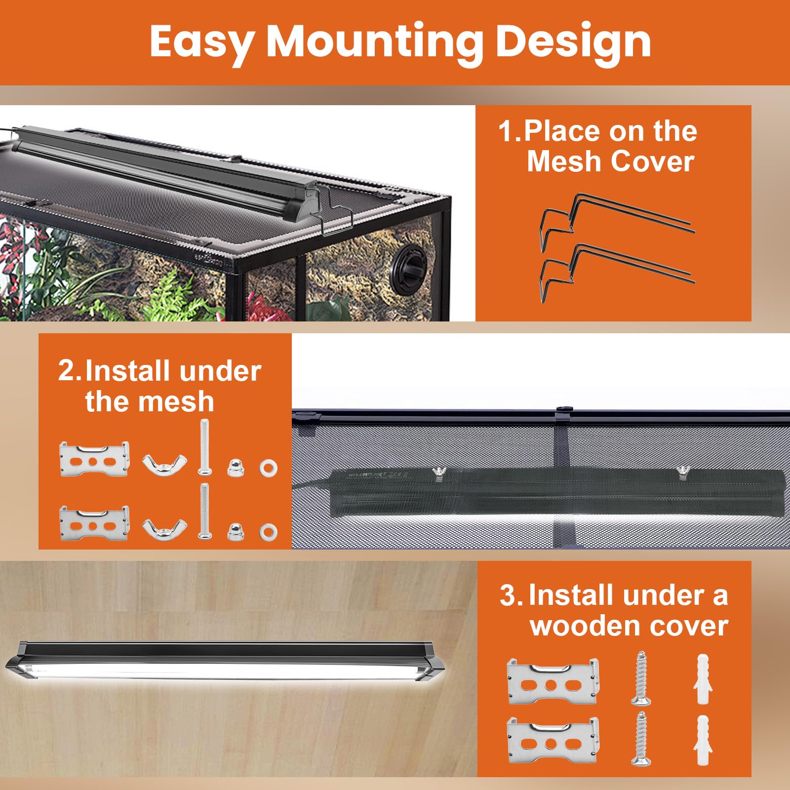 MIXJOY Easy-mount fixture mounted on or under a mesh enclosure