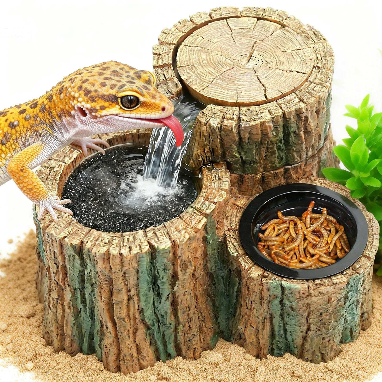 MixJOY tree-stump fountain invites reptiles to explore and drink.