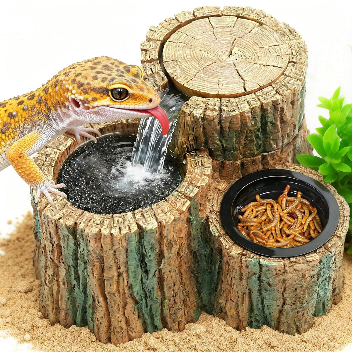 MixJOY tree-stump fountain invites reptiles to explore and drink.
