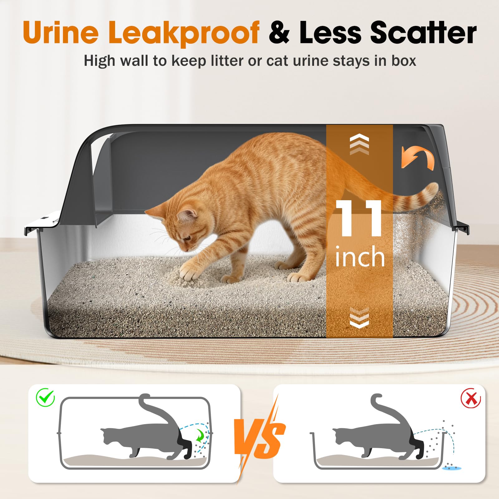 MIXJOY XL stainless steel litter box front view highlighting large capacity for big cats