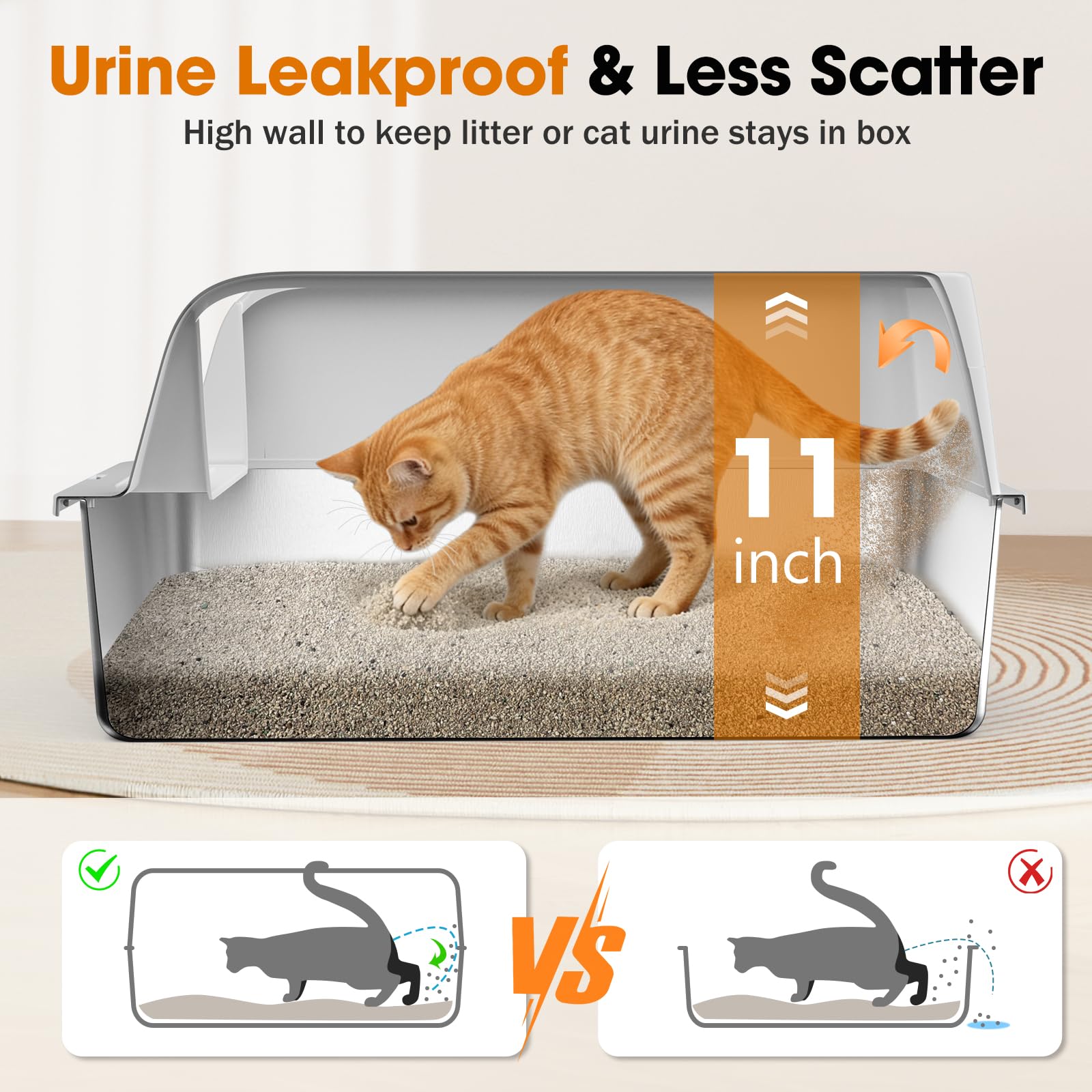 MIXJOY XL stainless steel litter box high walls reduce mess and provide privacy.