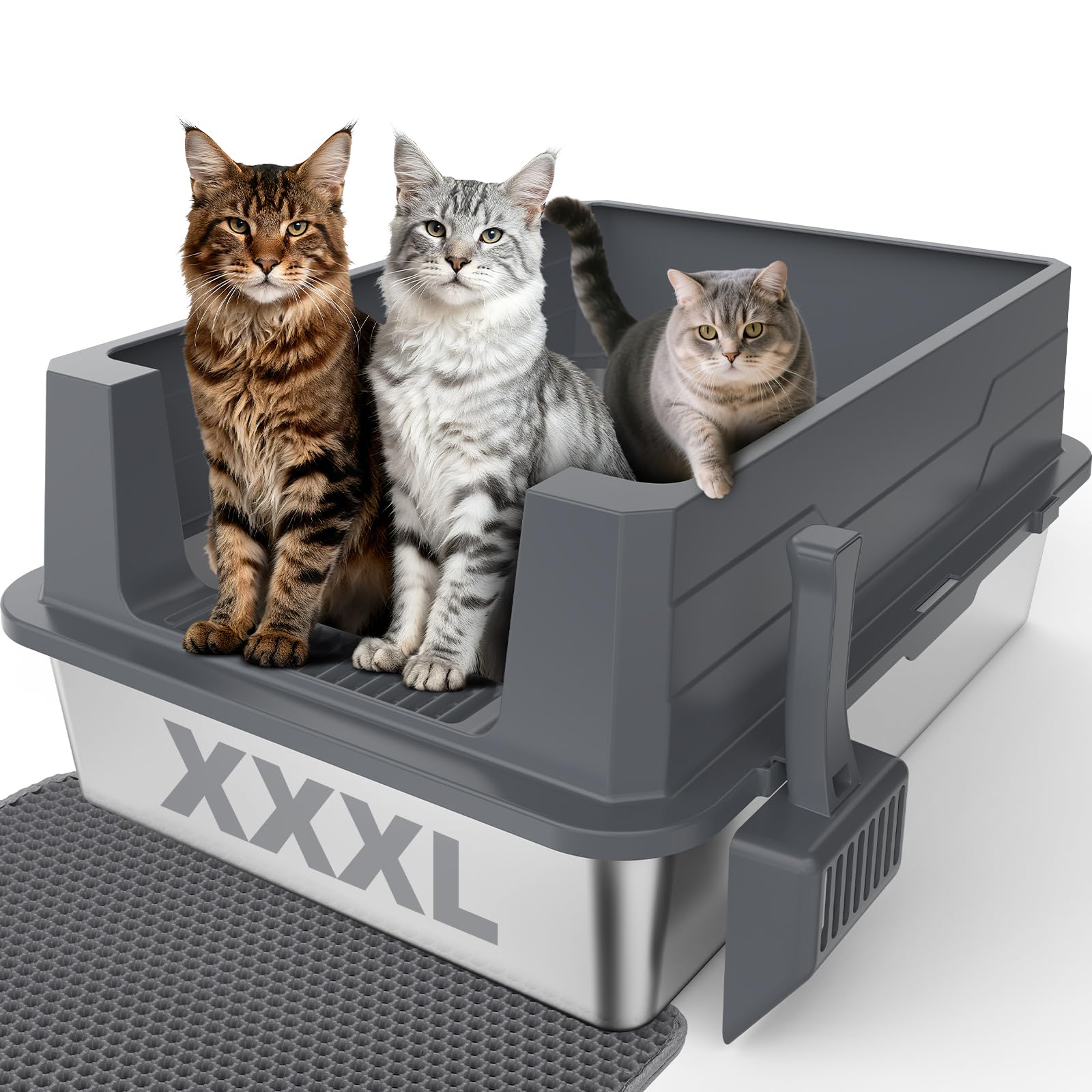MIXJOY XL stainless steel litter box with spacious interior for large cats and less mess.