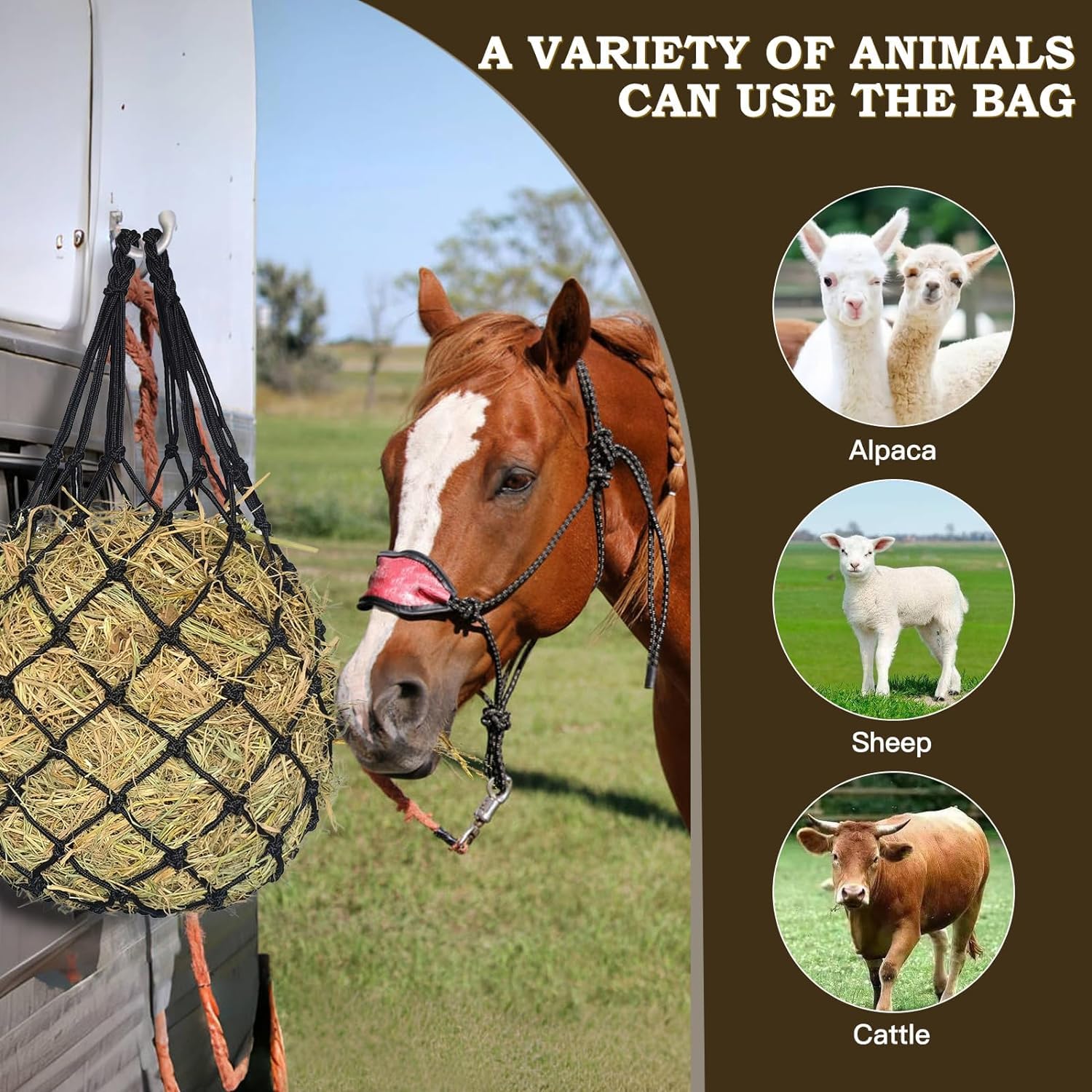 MIYABALA hay net shown hanging, easy to use in a stable setup.