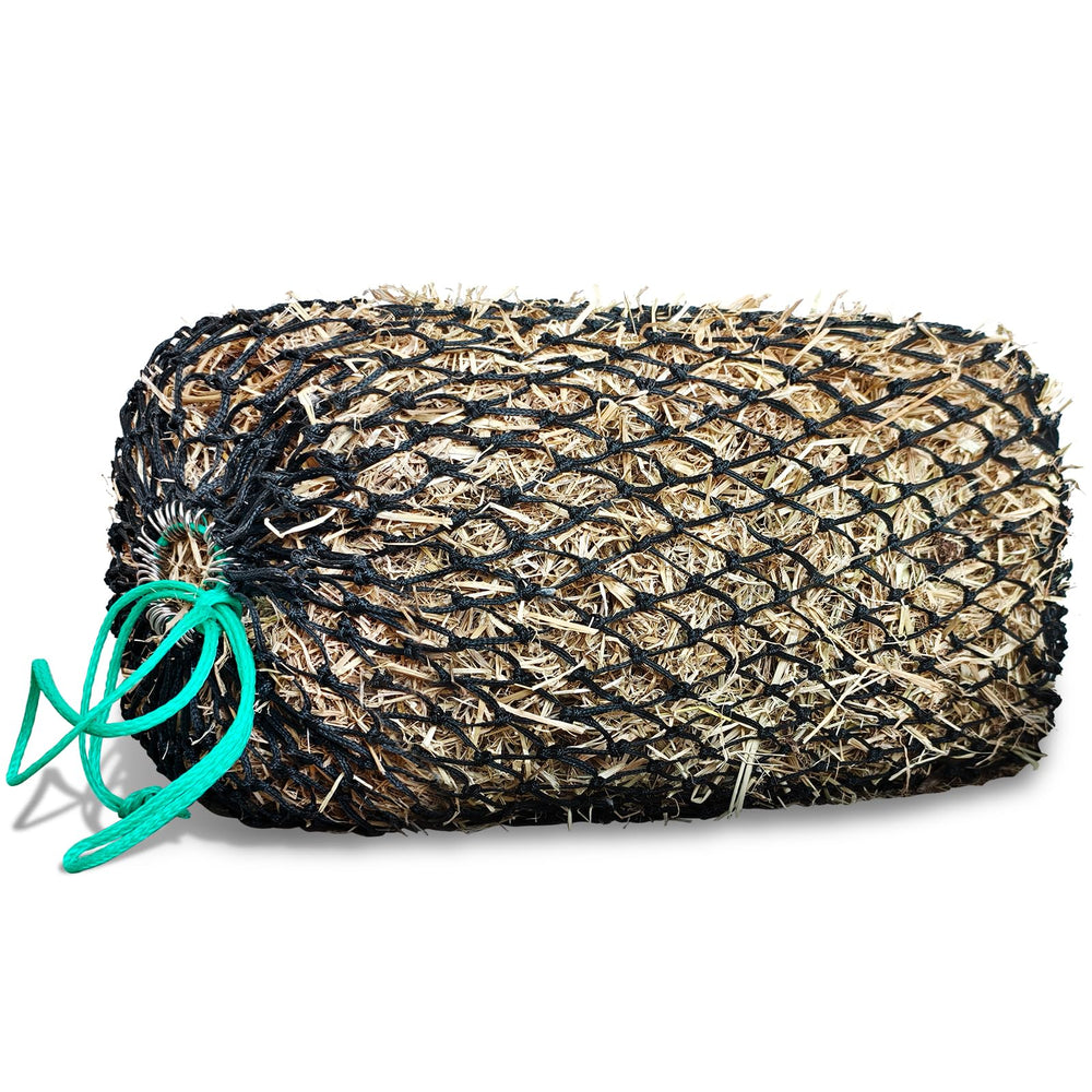MIYABALA square bale hay net with drawstring closure for quick loading.