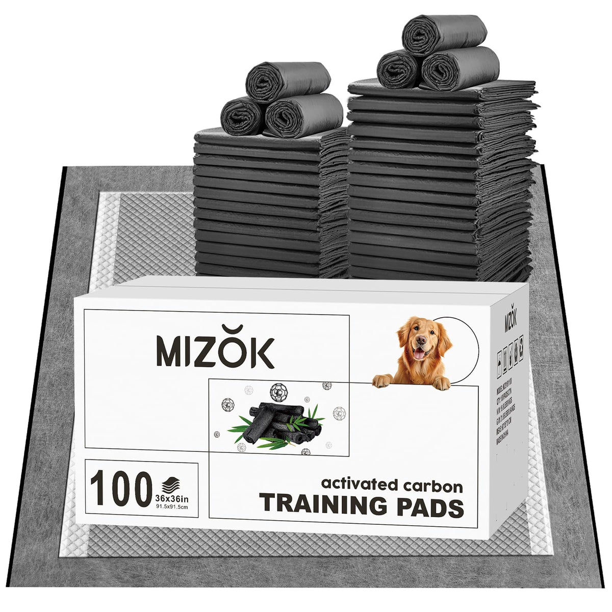 MIZOK charcoal dog pee pad packaging shows a value pack for potty training.