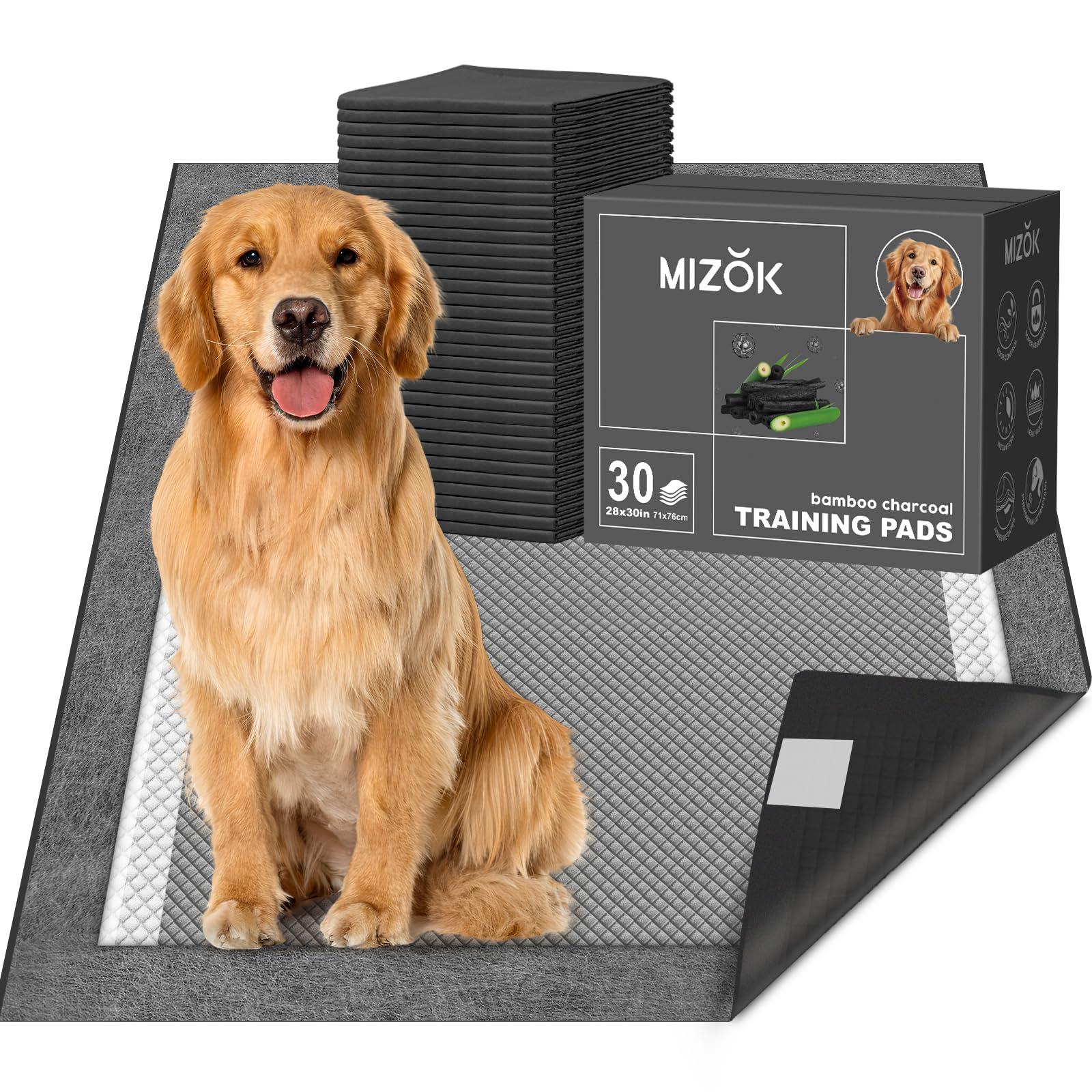MIZOK charcoal-odor dog pee pad offers 28x30 inch coverage for large dogs.