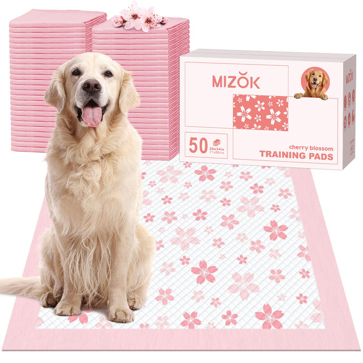 MIZOK dog pee pad with pink cherry blossom design for stylish, mess-free potty training.