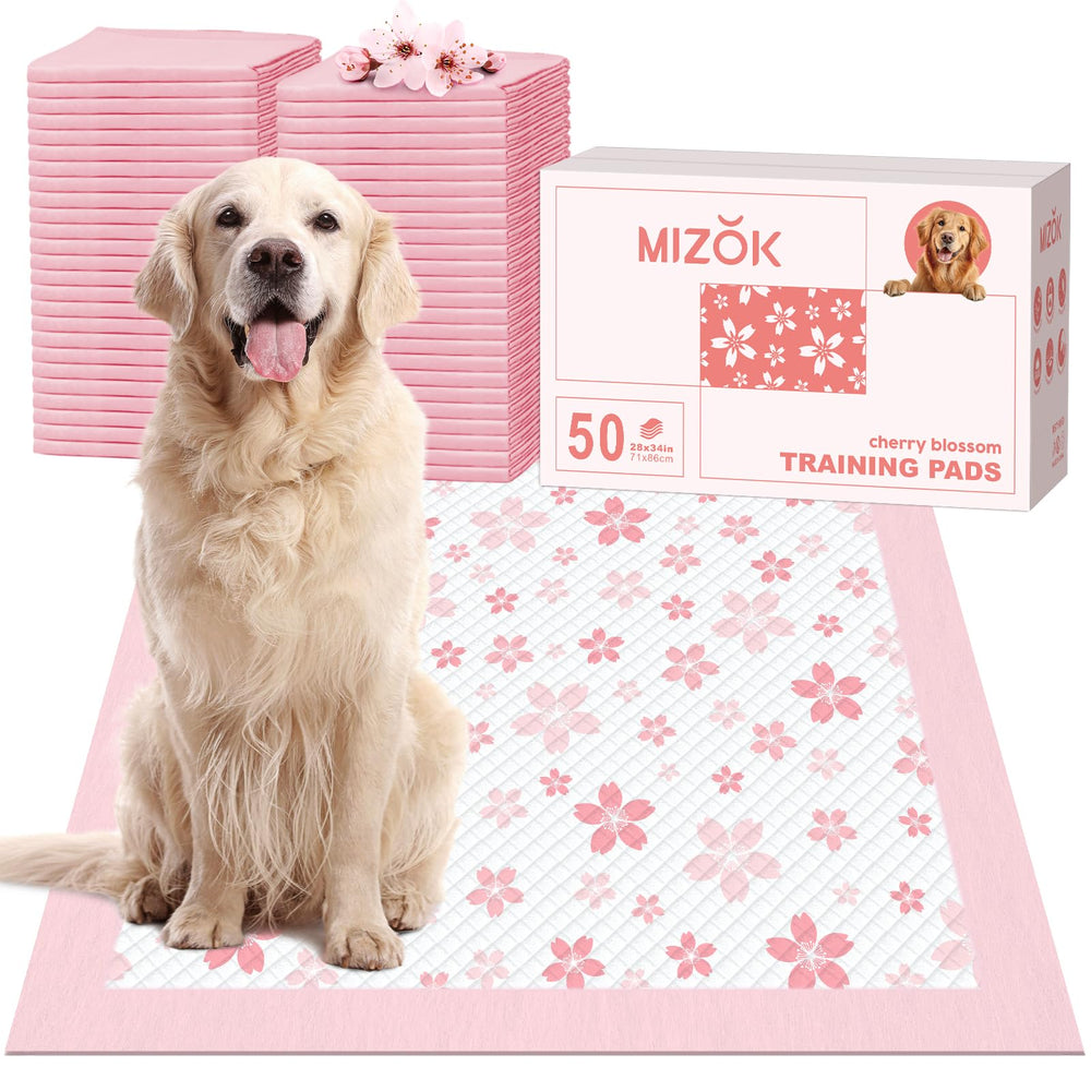 MIZOK dog pee pad with pink cherry blossom design for stylish, mess-free potty training.