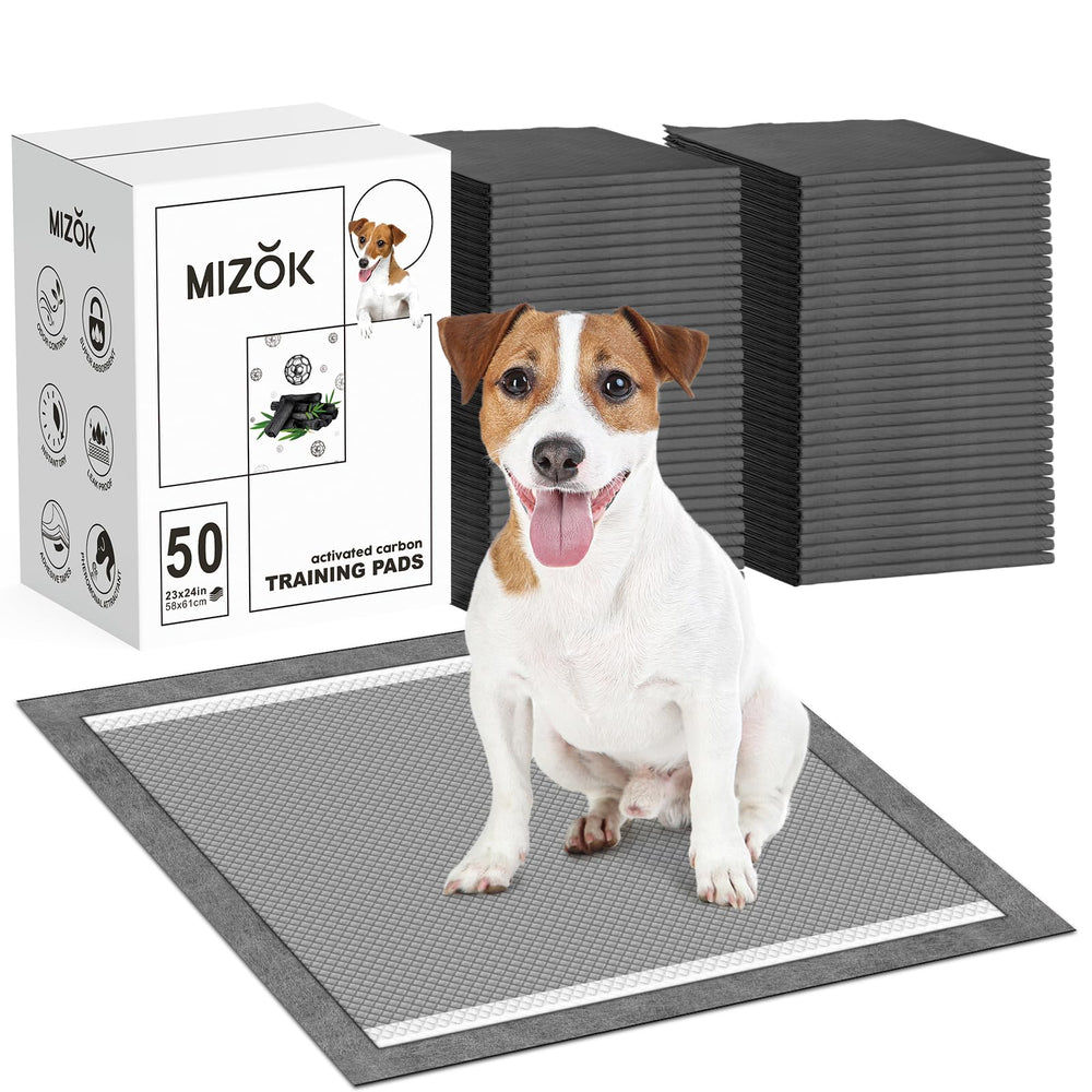 MIZOK pee pad 23x24 inch packaging shows compact size and odor control benefits.