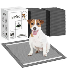 MIZOK pee pad 23x24 inch packaging shows compact size and odor control benefits.