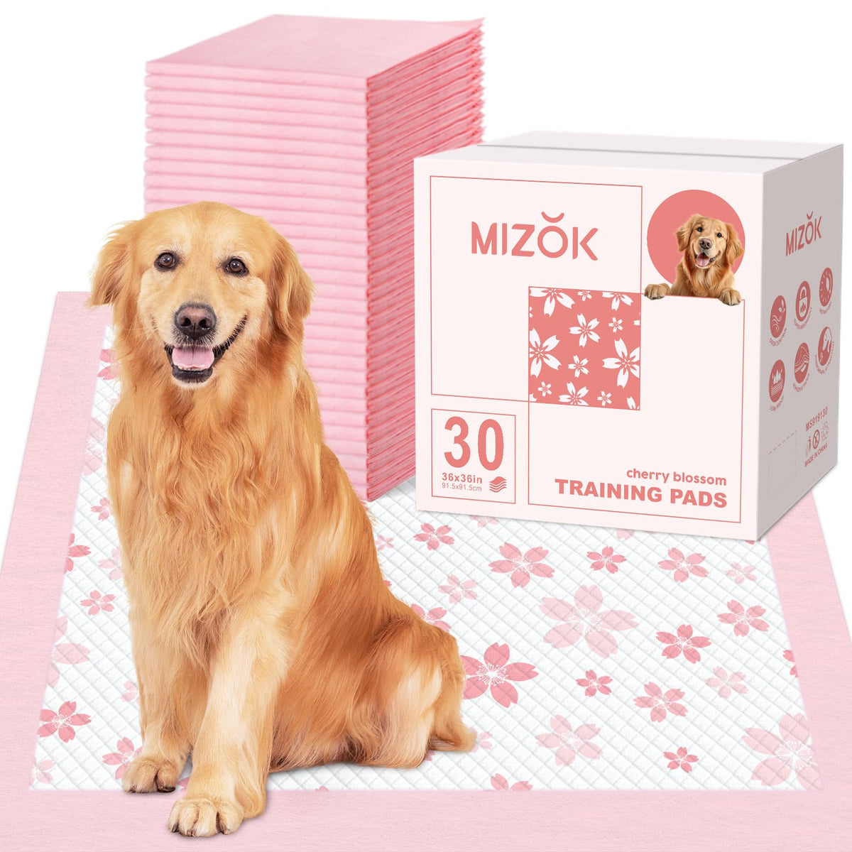 MIZOK pink puppy pads with cherry blossom print for elegant indoor protection