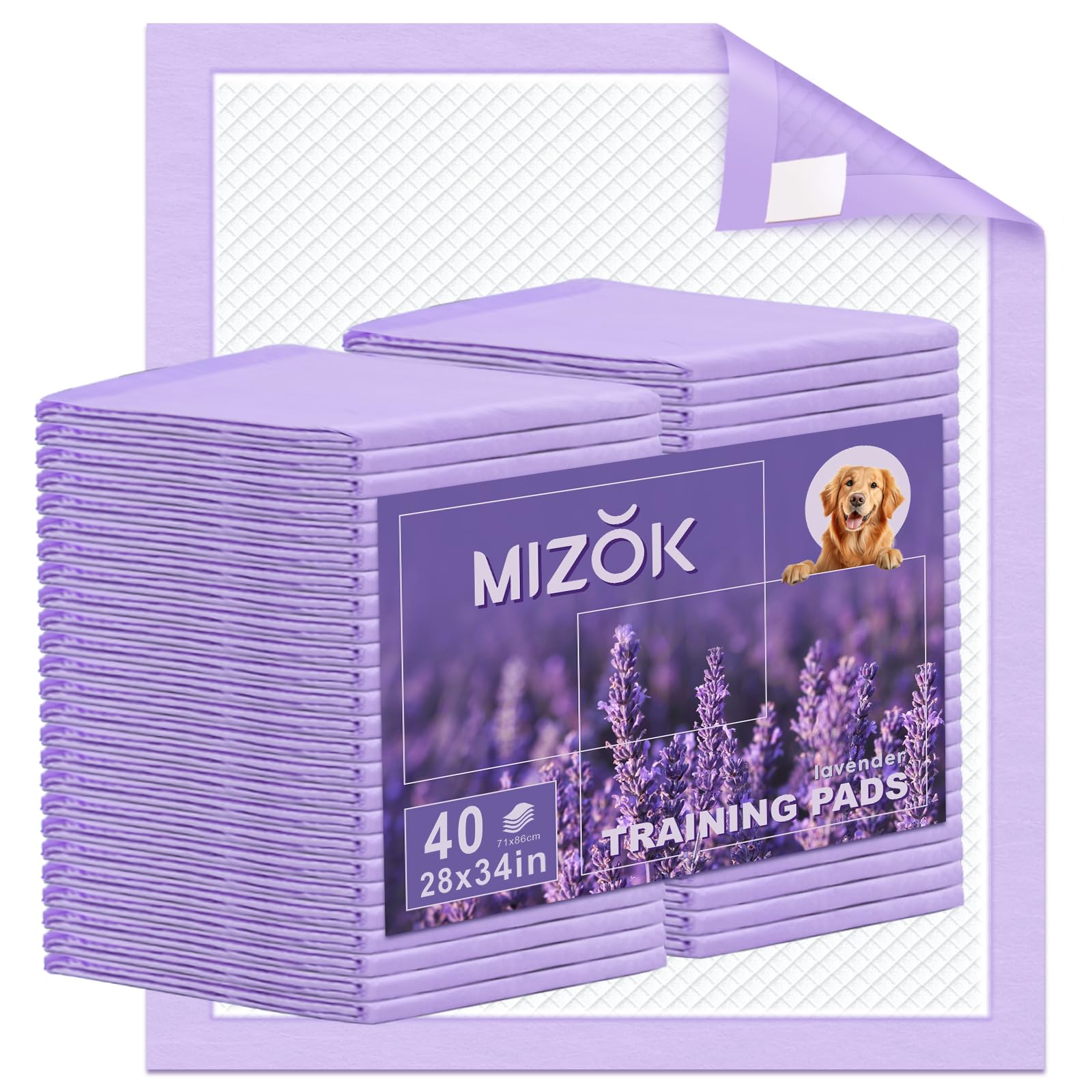 MIZOK Puppy Pads 28x34in lavender scent for strong absorption and odor control.