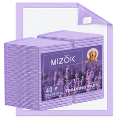 MIZOK Puppy Pads 28x34in lavender scent for strong absorption and odor control.