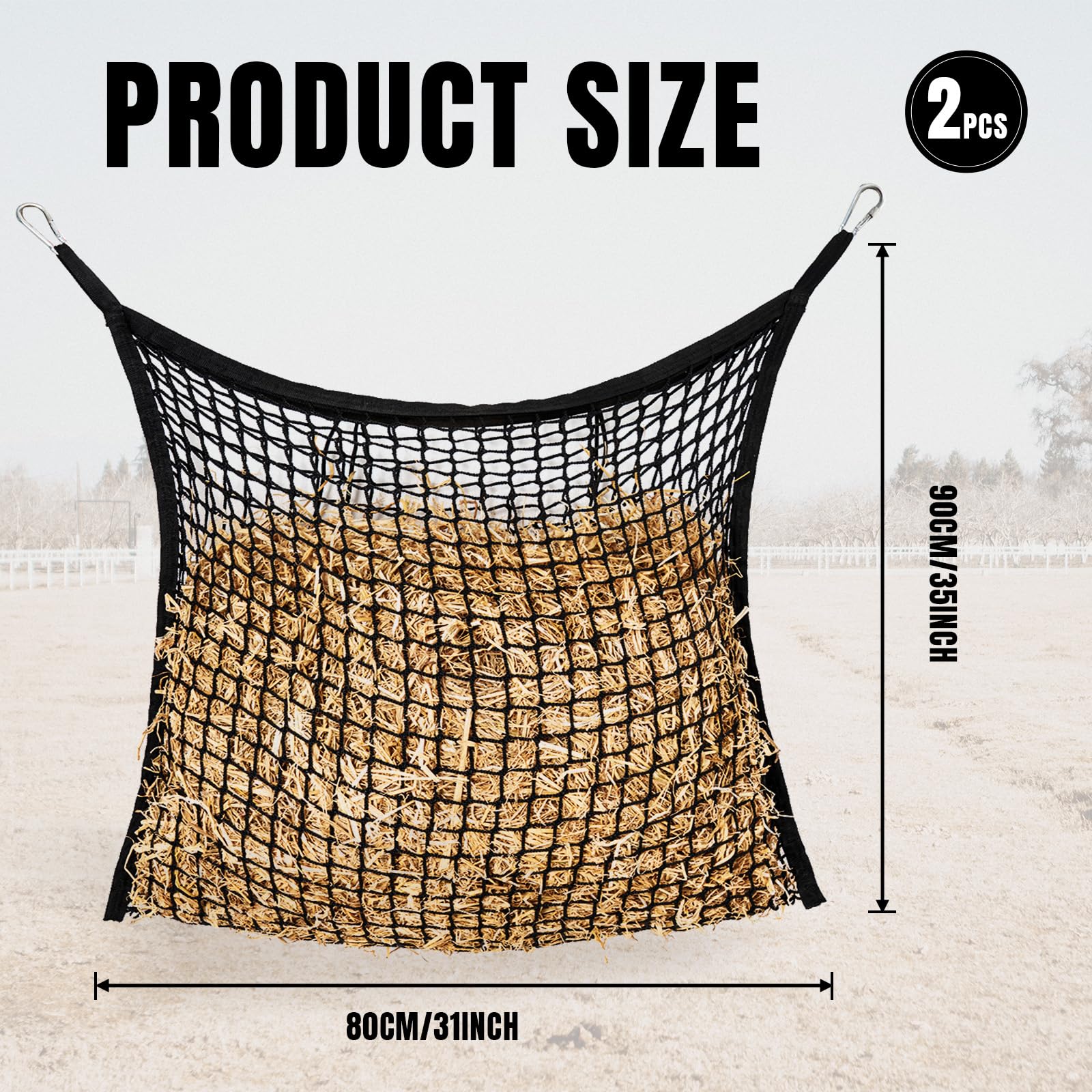 MKO SHUN slow feed hay net hanging setup shows quick stall placement.
