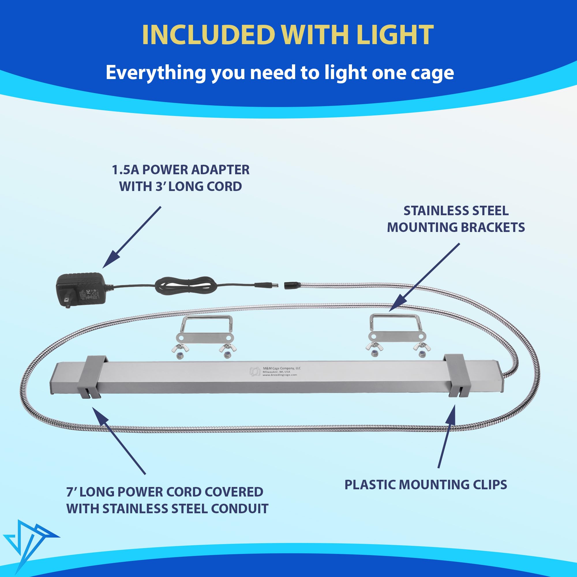 Light mounted on cage top lets birds bask in bright, even illumination.
