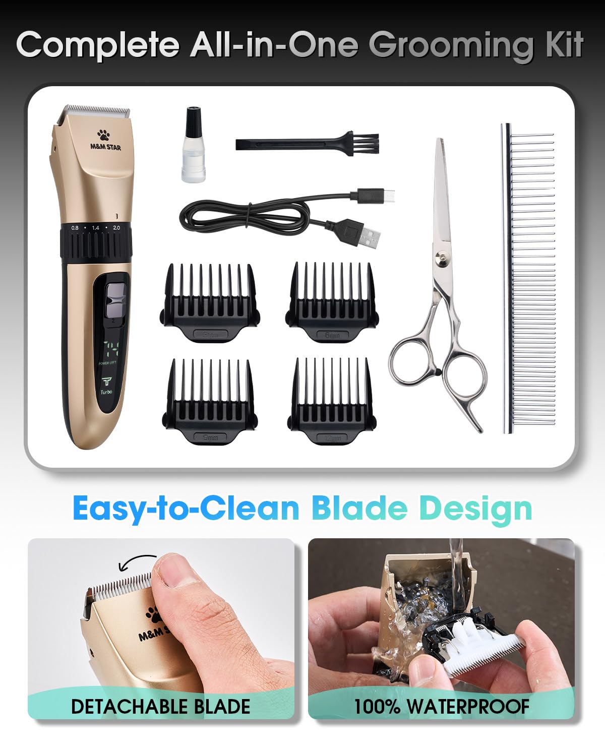 M&M STAR all-in-one grooming kit with guards, scissors, and styling tools.