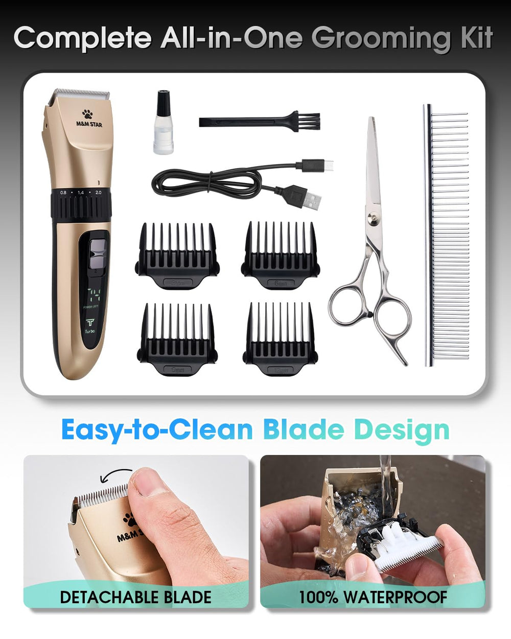 M&M STAR all-in-one grooming kit with guards, scissors, and styling tools.
