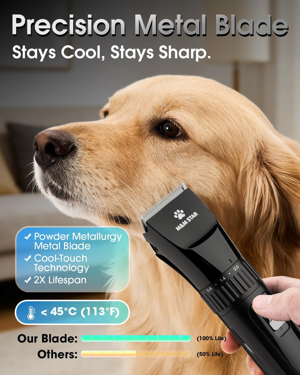 M&M STAR low noise motor helps calm anxious dogs during grooming