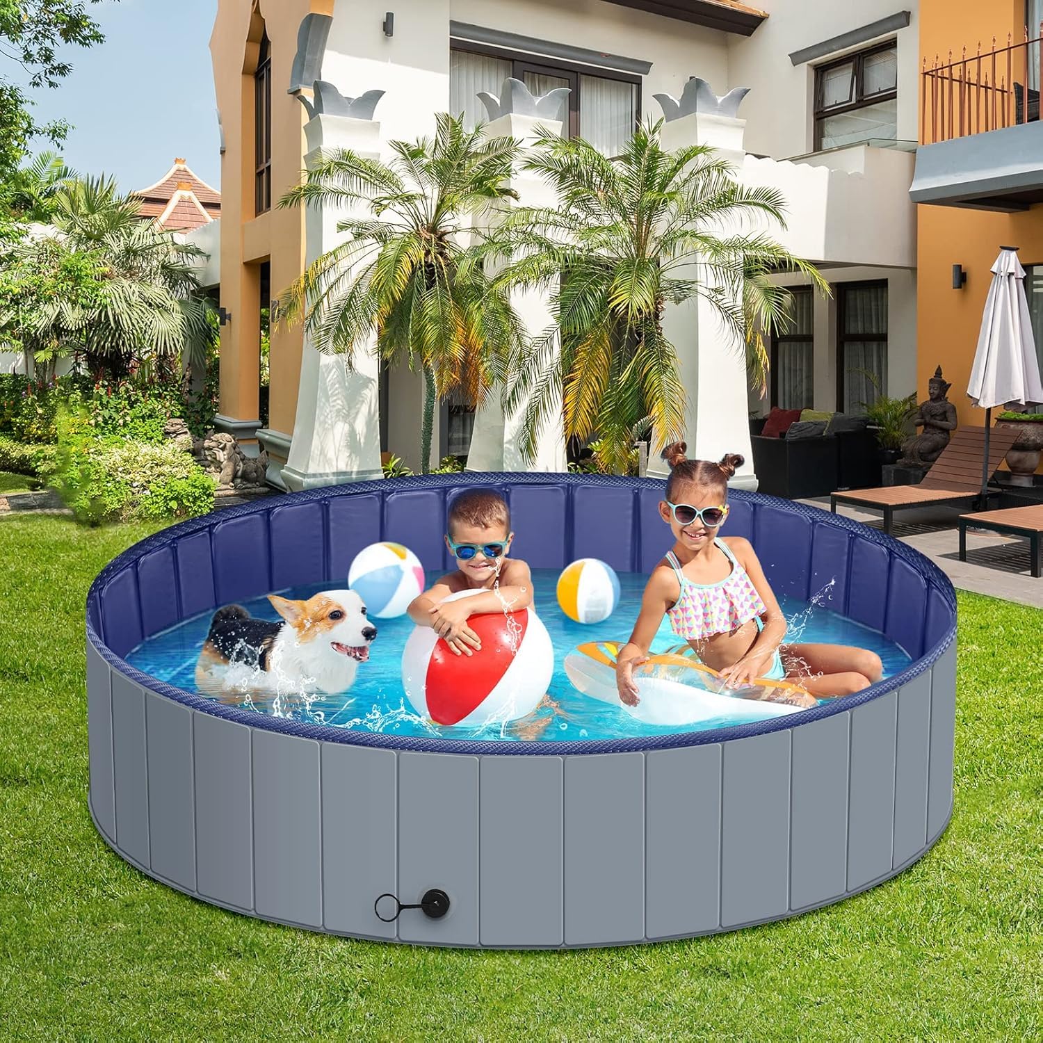MMdipon XL pool used as a splash zone for kids and pets