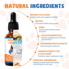 MNQAXZ collagen for dogs label closeup highlighting mild formula with natural ingredients.
