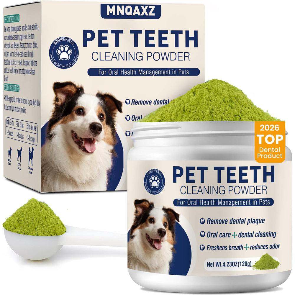 MNQAXZ dental powder for dogs promotes fresh breath during meals.