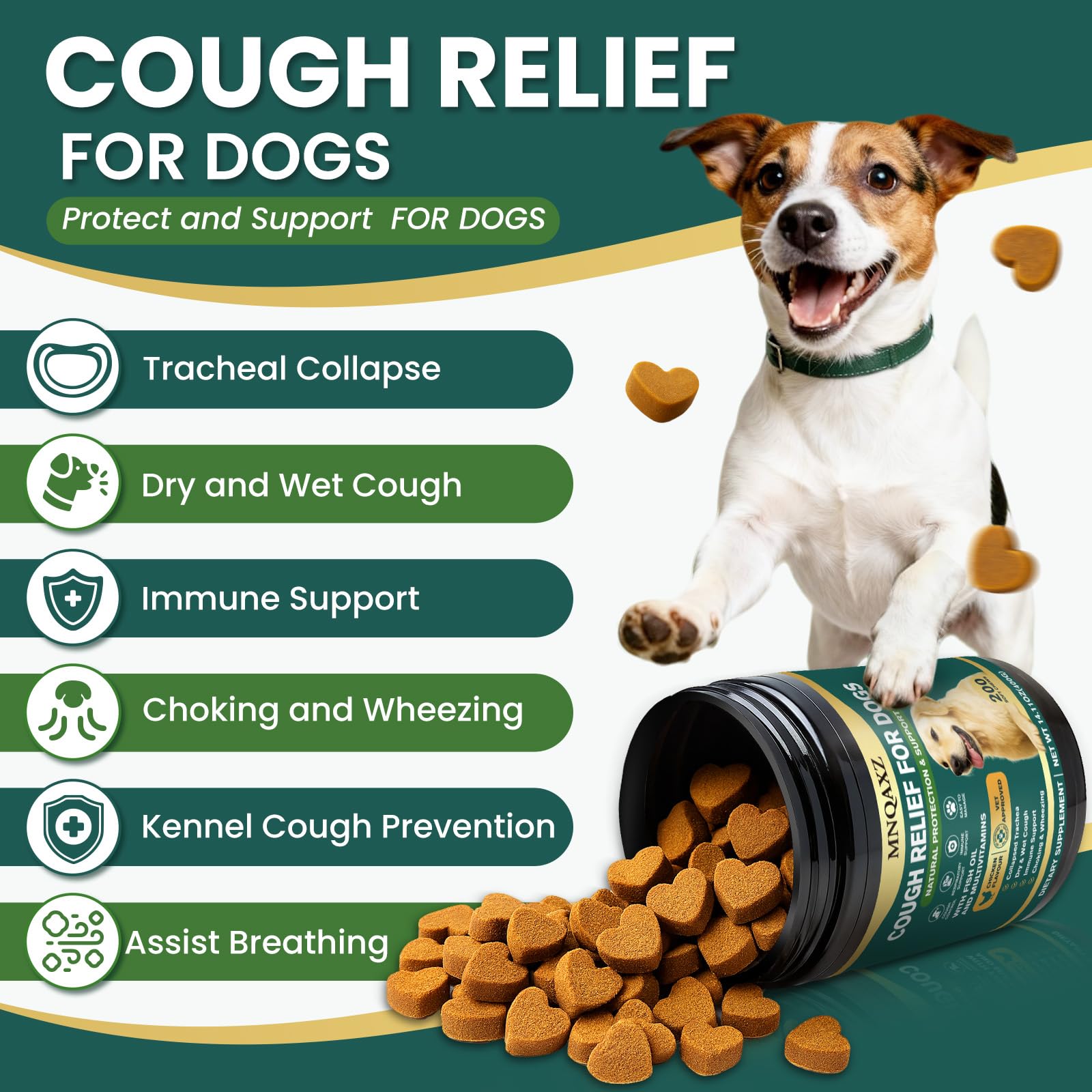 MNQAXZ Dog Cough Relief Chews bottle close-up showing chicken flavor