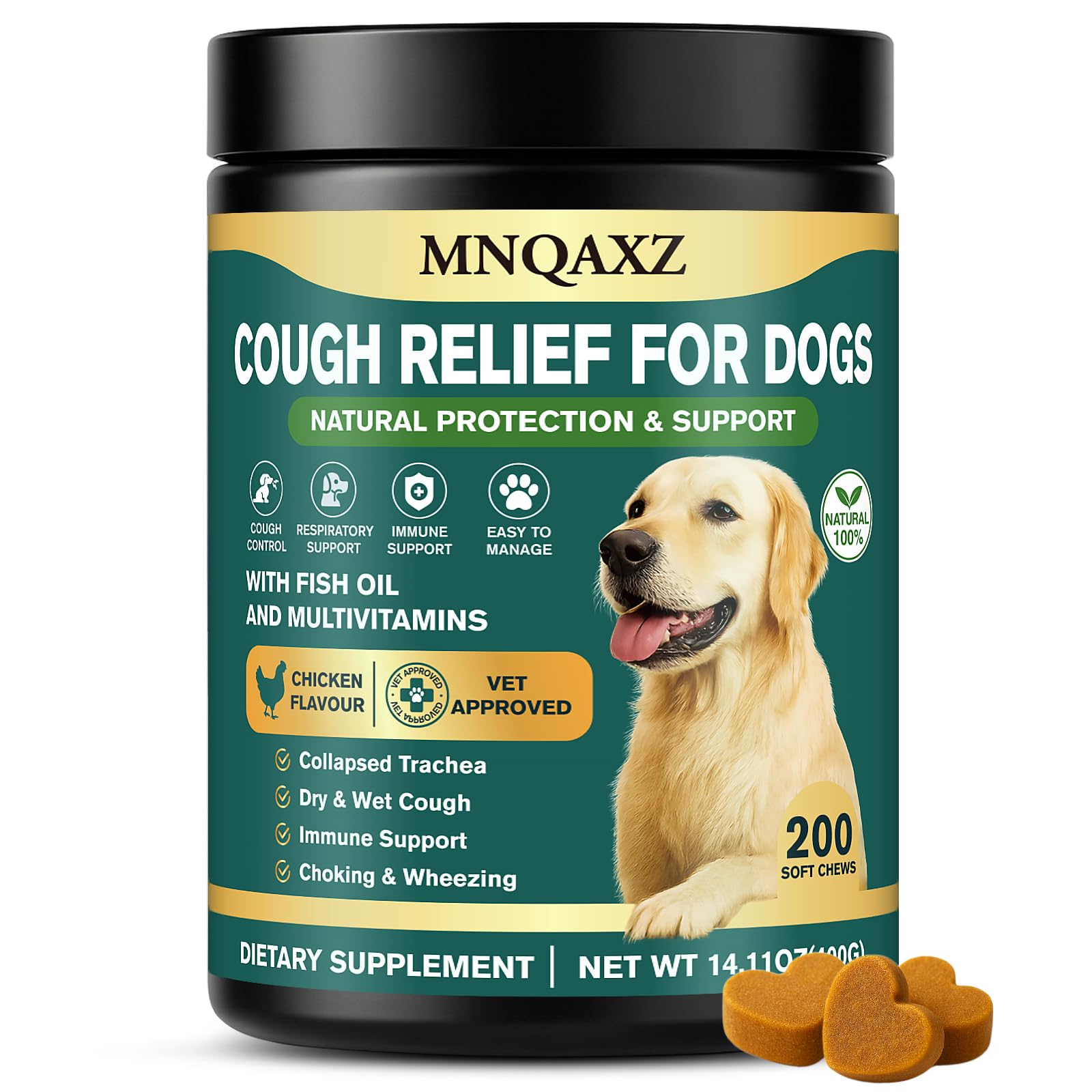MNQAXZ Dog Cough Relief Chews bottle front promoting breathing support