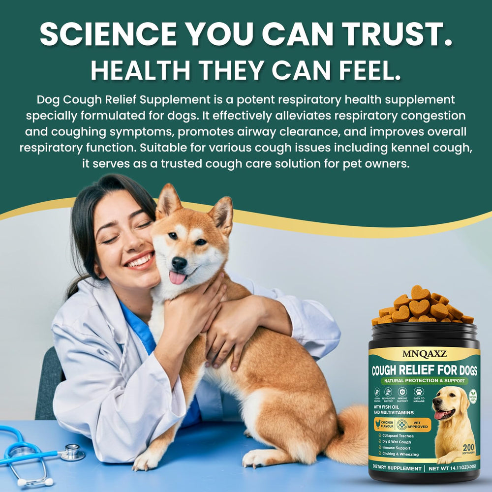MNQAXZ Dog Cough Relief Chews packaging back with usage notes