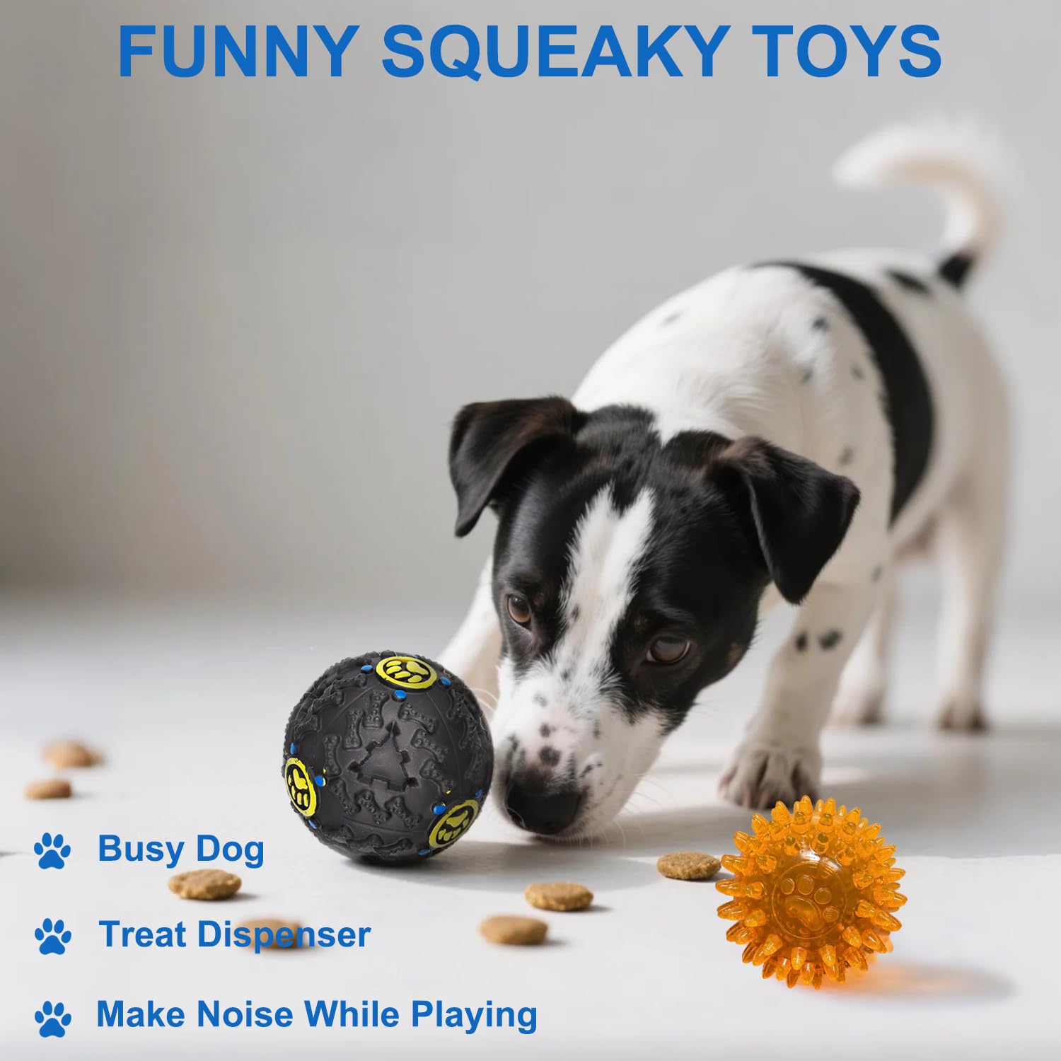 Mnubsrva squeaky treat ball invites playful sounds and slow-feeding style.