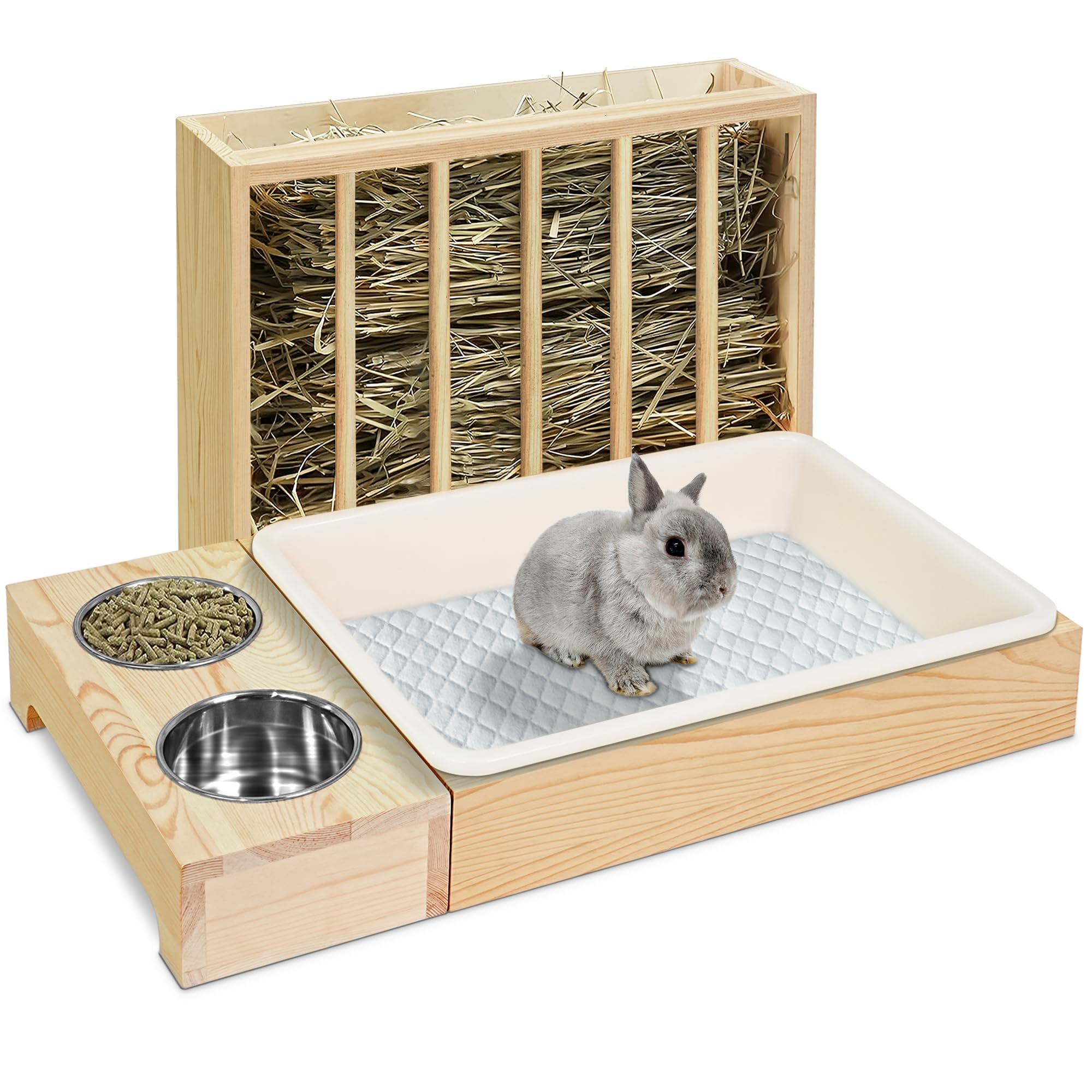 MOBYKE 3-in-1 rabbit feeder with litter box front view promotes tidy feeding.